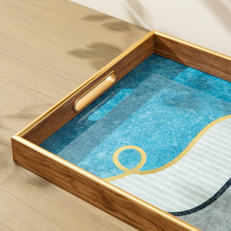 Glitzhome Set of 2 Rectangle Wooden & Plastic Decorative Trays with Handles
