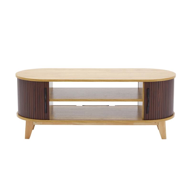 Sliding Door Coffee Table with Solid Wood Legs, Smooth Edges, and Ample Storage