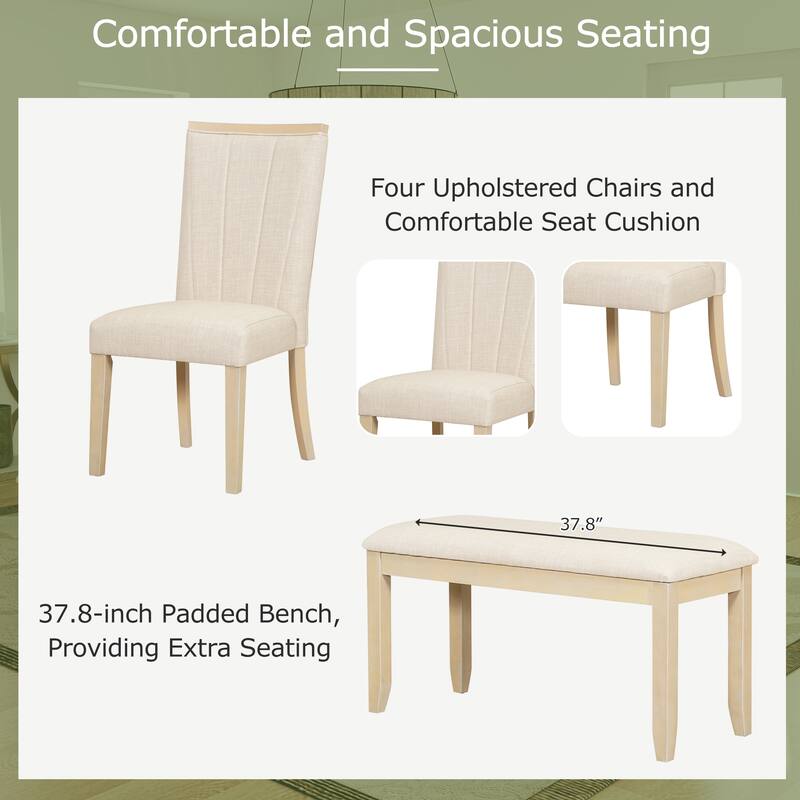Contemporary 6-Piece Extendable Pedestal Dining Table Set with Removable Leaf, Dining Bench, 4 Upholstered Dining Chairs
