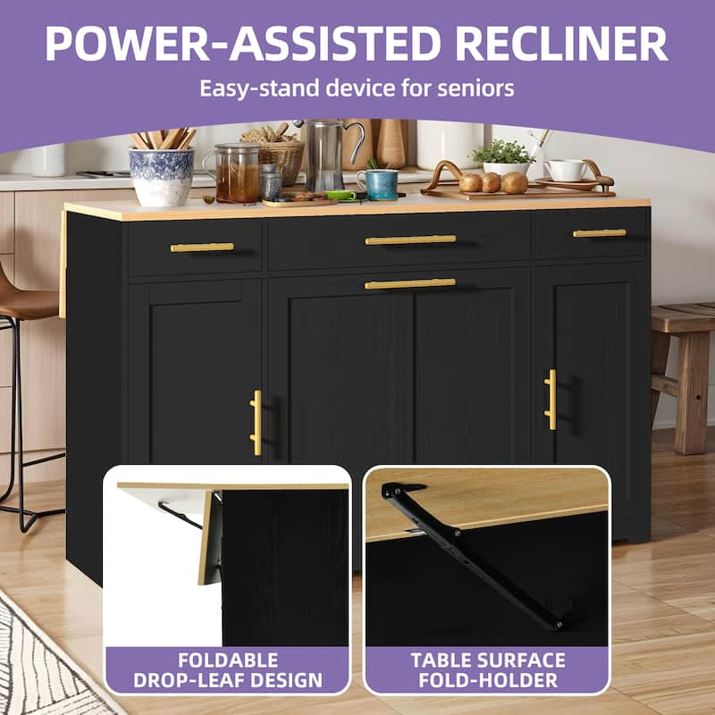 Moasis 55 inch Rolling Kitchen Island with Drop Leaf and Pull Out Garbage Bin Cabinet fits