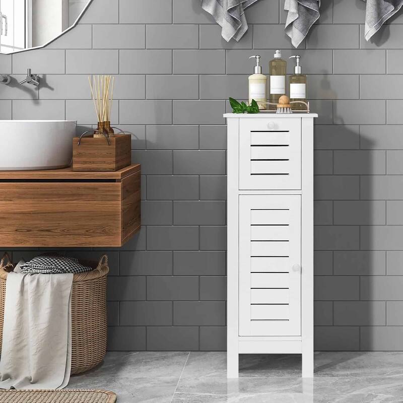 Santorin Compact White Bathroom Storage Cabinet with Drawer and Vented Door - 14.7"L x 11.13"W x 32.12"H
