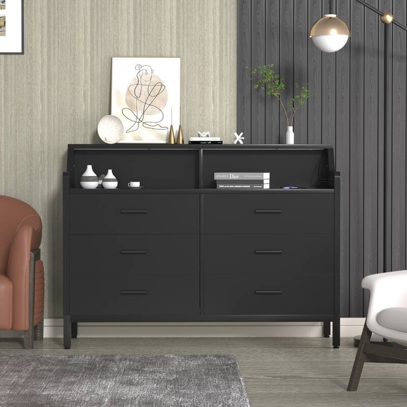 6 Drawers Dresser with Charge Station and LED Light, Closet Organizer for Bedroom