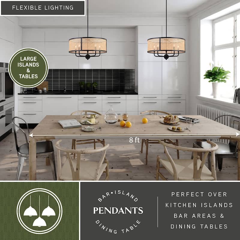 Berens 5 Light Matte Black Modern Farmhouse Drum Pendant Fixture with Rattan Cane Shade - 24-in W x 13.5-in H x 24-in D
