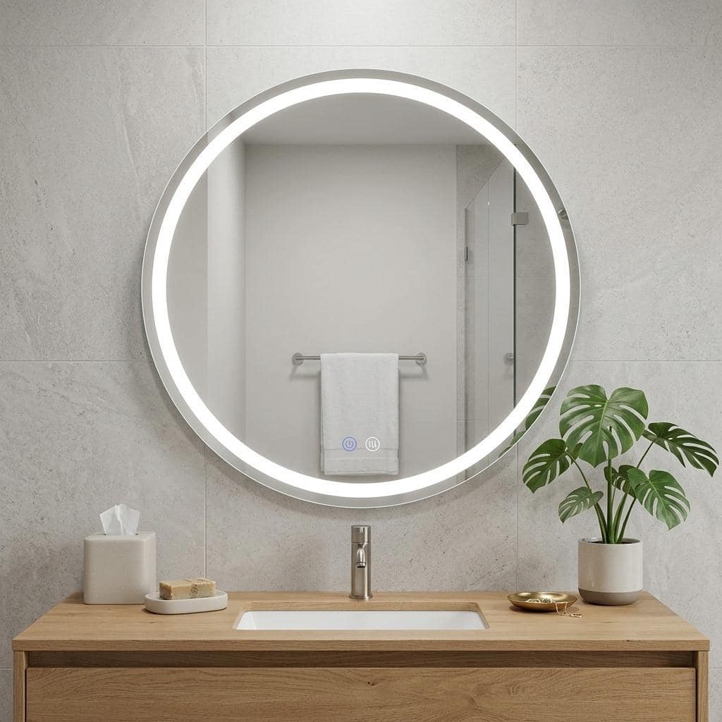 HomeRoots 28" Round Lighted Frameless Anti Fog Bathroom Vanity Mirror - 27.56 in. x 27.56 in. x 1.57 in.