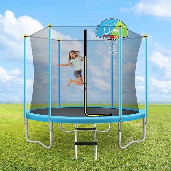 slide 2 of 7, Trampoline for Kids w/Safety Enclosure Net,Basketball Hoop and Ladder - Blue
