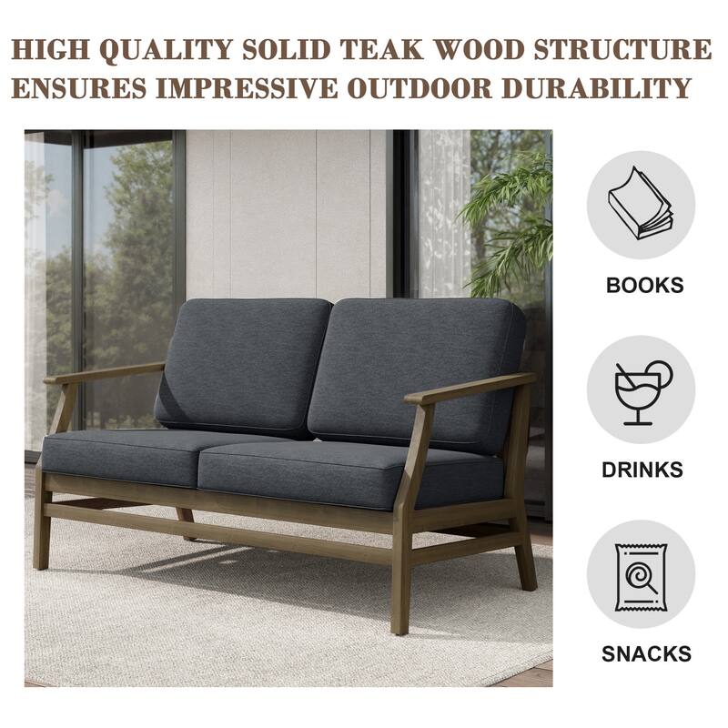 Teak Outdoor Patio Club Chairs Loveseat with Cushions