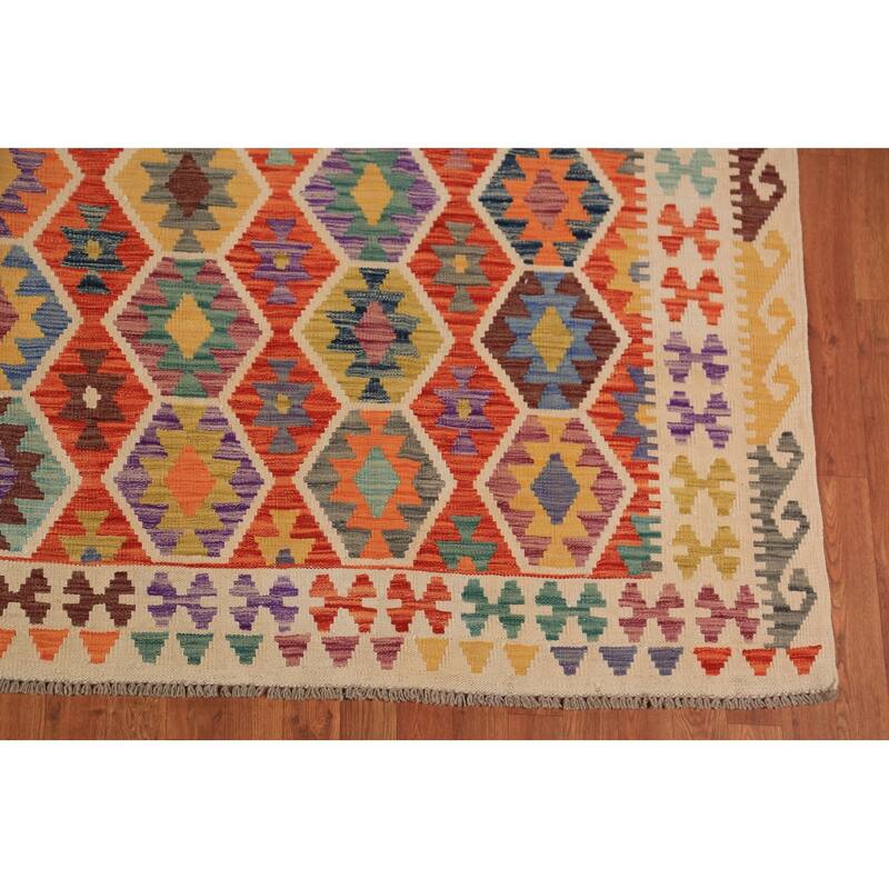 Orange Kilim Oriental Area Rug Flatweave Reversible Wool Carpet - 8'6"x 11'6"