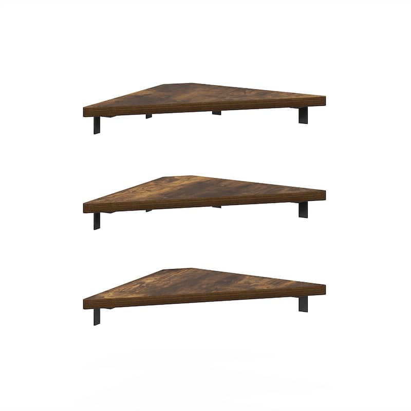 Furinno Rossi Triangle Corner Floating Shelves, Wall Mount Display Shelf, White, Set of 3 - Amber Pine