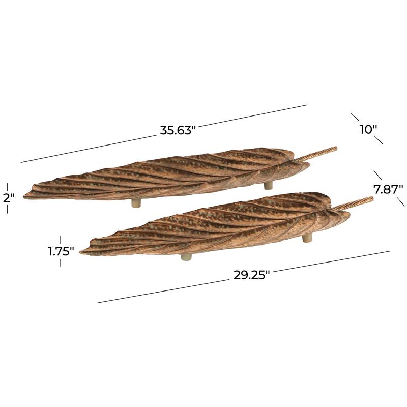 Copper Metal Textured Leaf Living Room Decor Tray with Patina Accents and Elevated Feet (Set of 2)