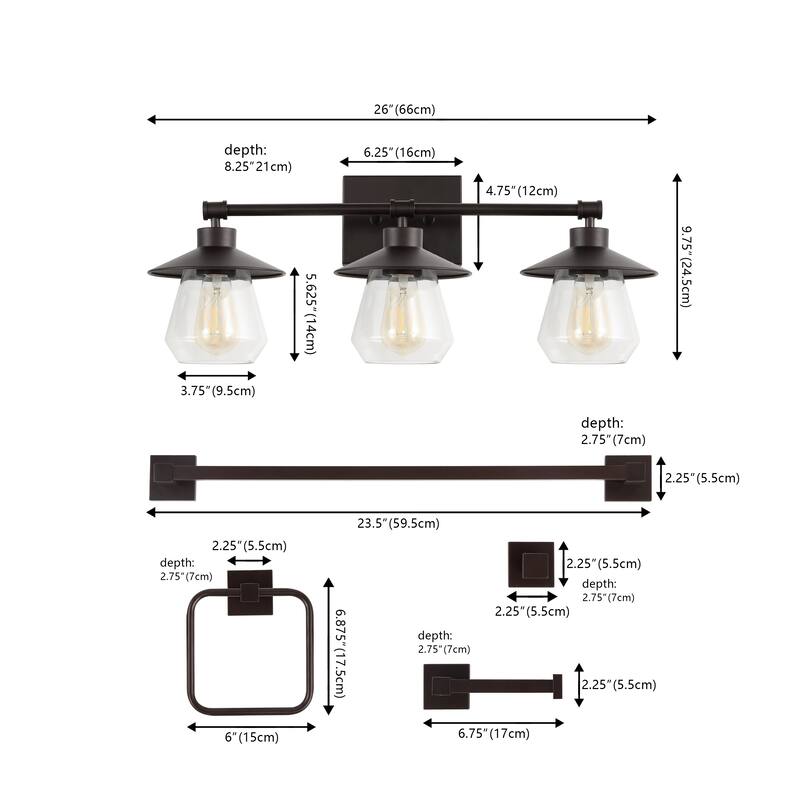 Ellis 26" 3-Light Farmhouse Cottage Vanity Light with Bathroom Hardware Accessory Set, (5-Piece) by JONATHAN Y