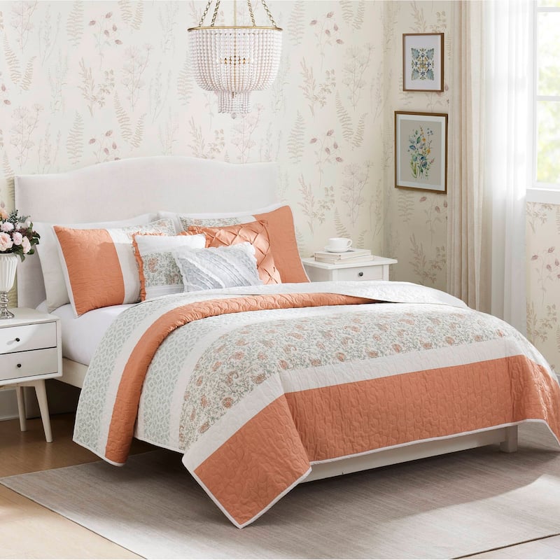 GDF Studio - Cotton Percale Reversible Quilt Set with Decorative Pillows - Coral