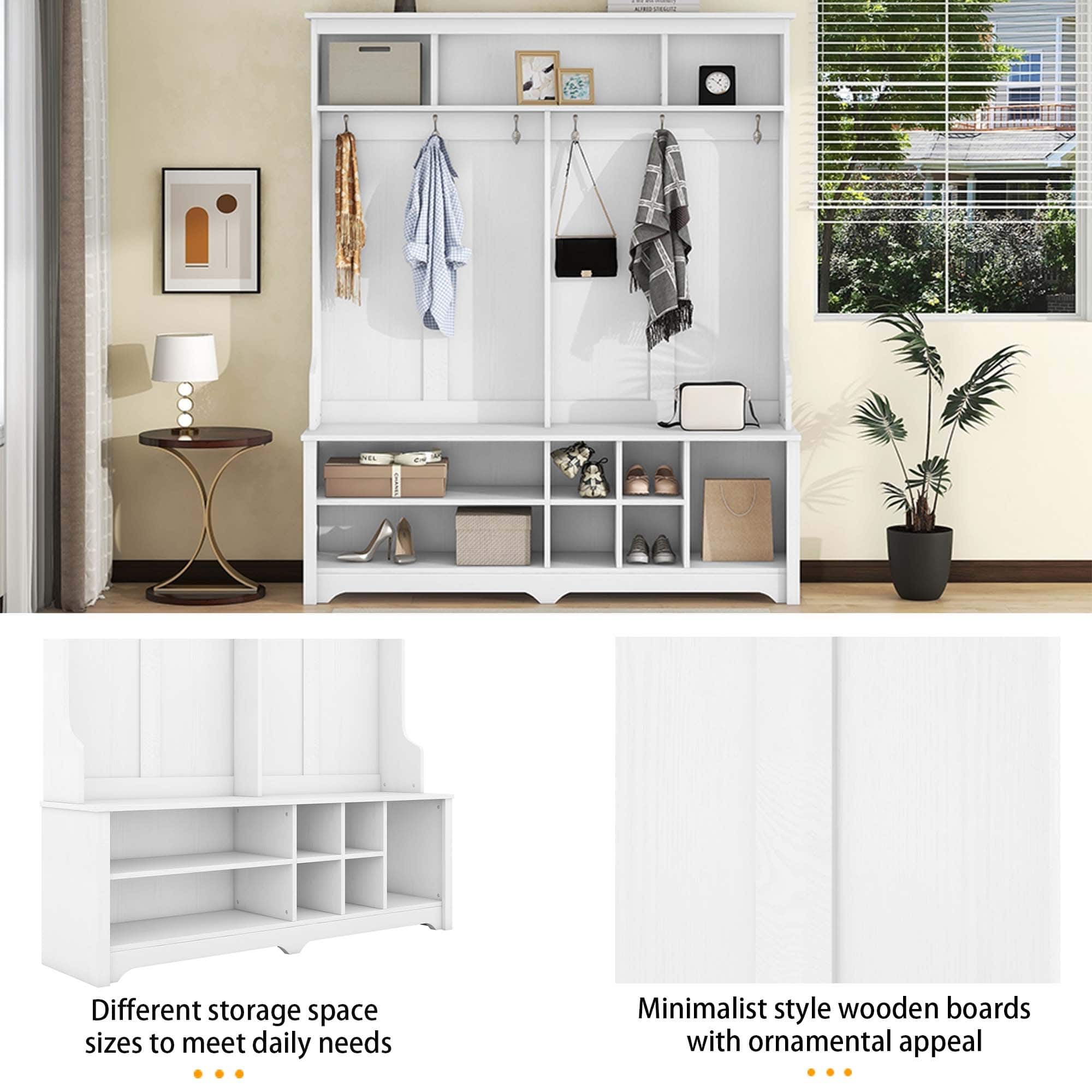 Modern Hallway Hall Tree with Storage Space, Entryway Free Stand Clothes Hat Rack with White