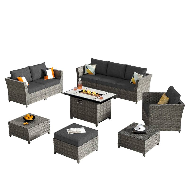 HOOOWOOO 10-piece Wicker Rattan Patio Furniture Sectional Set with Fire Pit