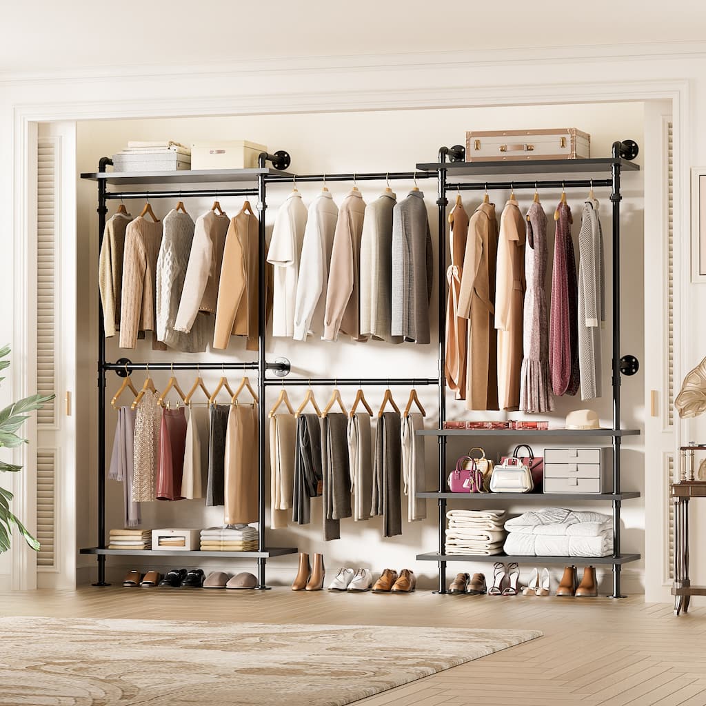 Expandable Industrial Pipe Clothing Rack with 6 Open Shelves,Adjustable Walk-in Closet Organizer System Garment Rack