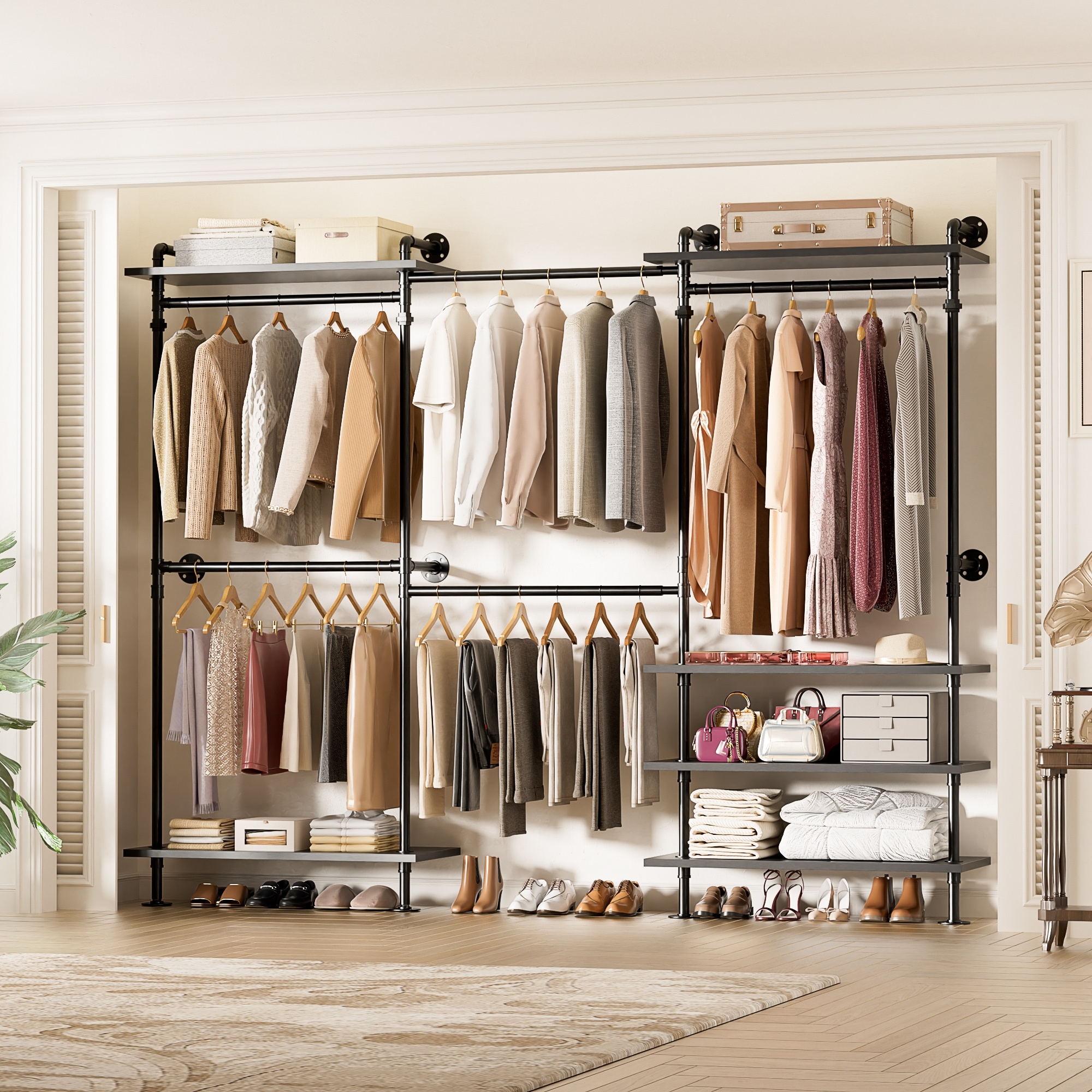 Expandable Industrial Pipe Clothing Rack with 6 Open Shelves,Adjustable Walk-in Closet Organizer System Garment Rack