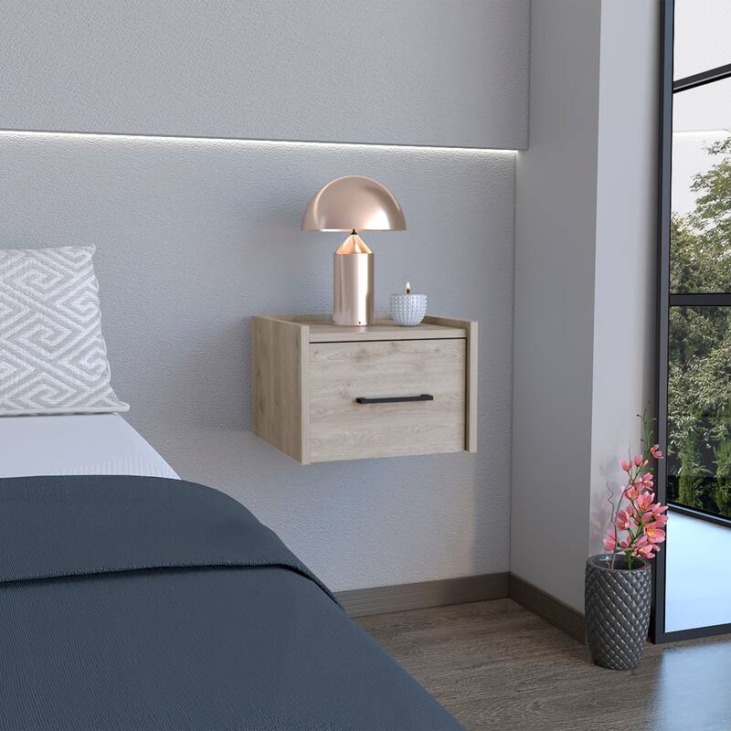 Space-Saving Floating Nightstand with Drawer and Surface, Light Gray - Light Gray