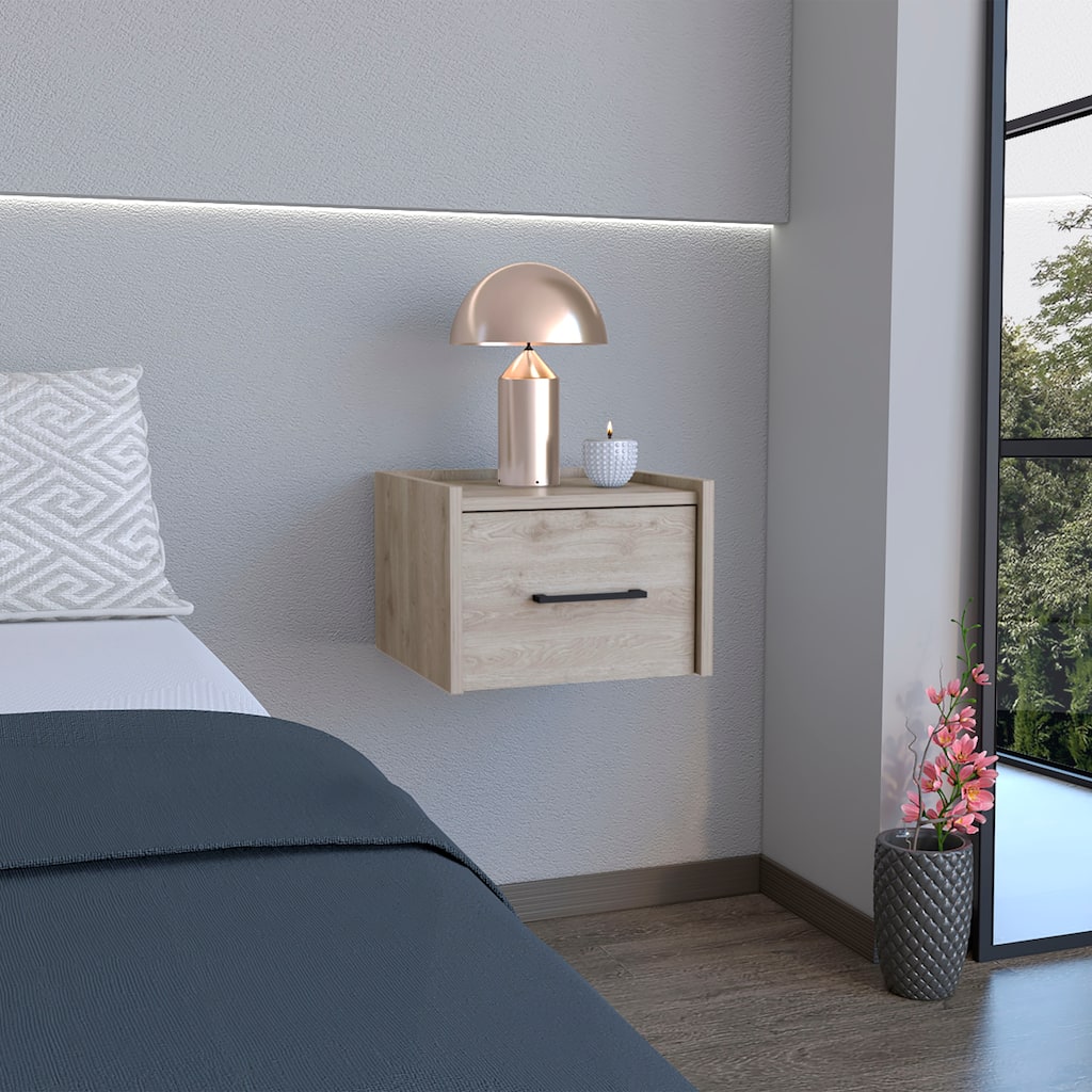 Space-Saving Floating Nightstand with Drawer and Surface, Light Gray