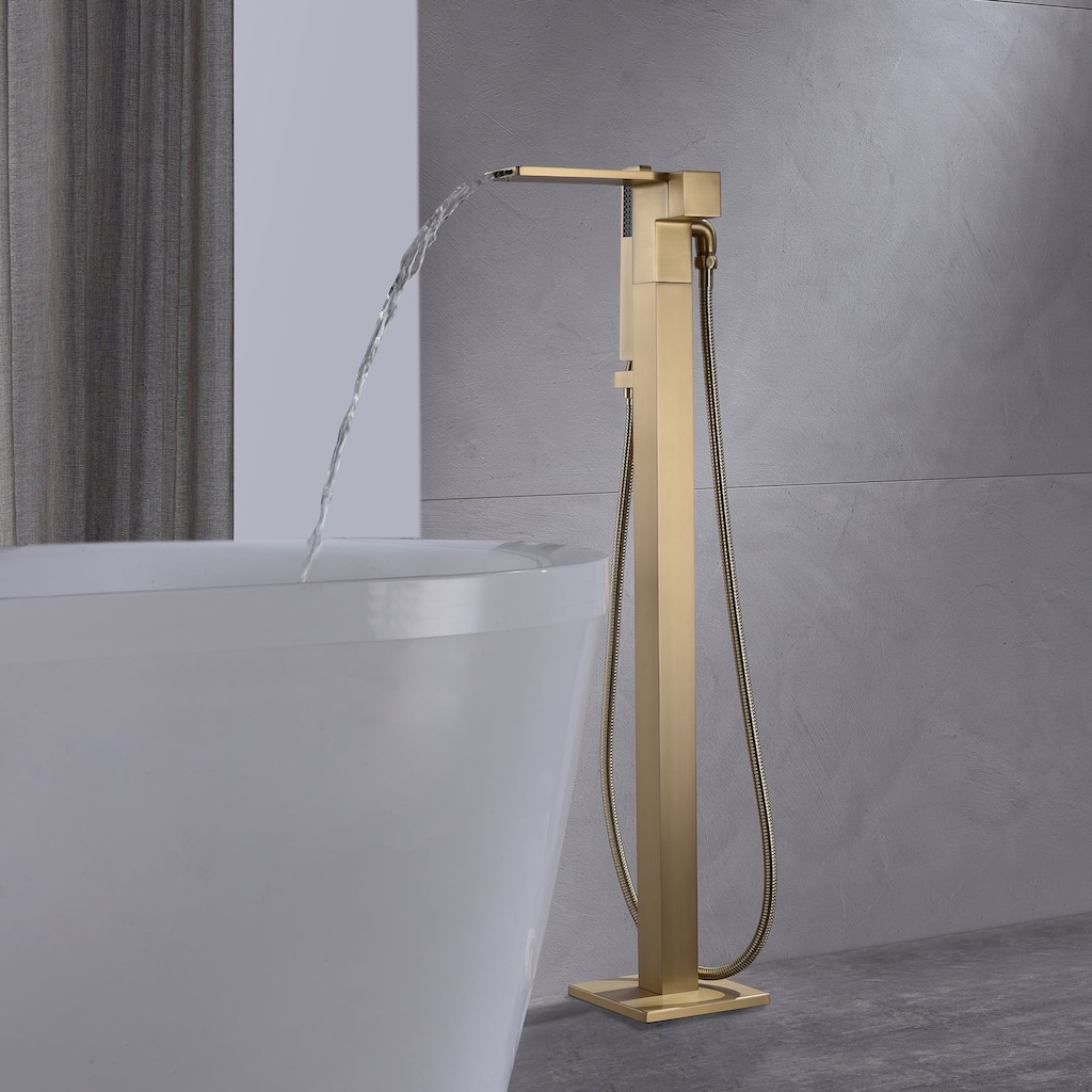 brushed gold waterfall floor mount tub filler free standing - 8' x 10'