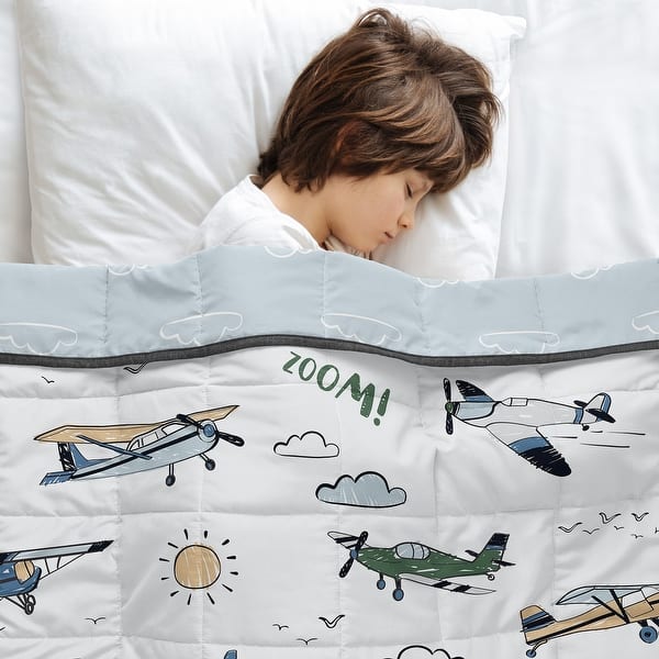 slide 2 of 6, Sweet Jojo Designs Vintage Airplane Boy Toddler Weighted Blanket 5lbs for Kids -Blue Cloud & Green, Slate Transportation Aviator