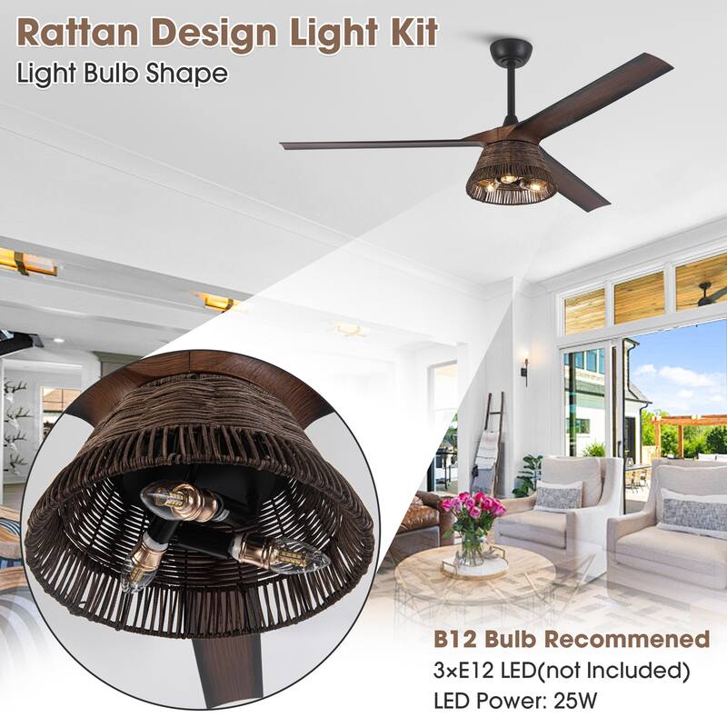 60" Natural Rattan Brown Ceiling Fan with Light Kit and Remote Control - 60 in. D x 60 in. W x 15.7 in. H