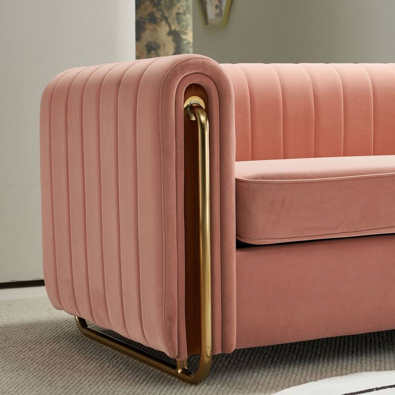 Velvet Sofa Couch 84.25" with Channel Tufting and Polished Gold Legs, Modern Living Room Style