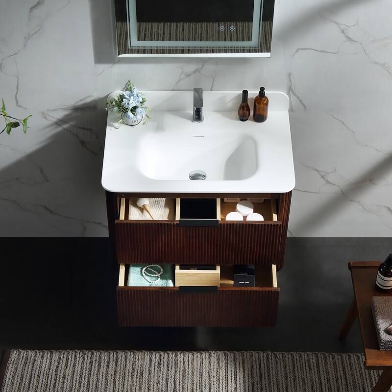 Modland Fluted Floating Vanity with Sink, Plywood Wall Mount Cabinet, Curved Edge, 24/30/36 Inch