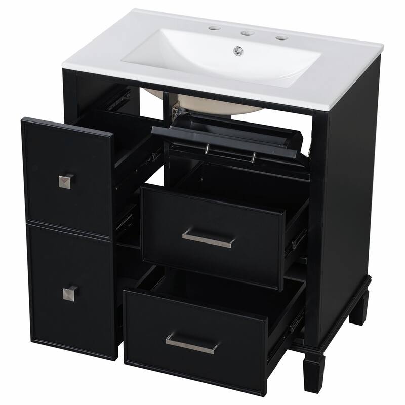30" Bathroom Vanity with Ceramic Sink, Flip-Out Plumbing Drawer, Soft Close Doors & Drawers