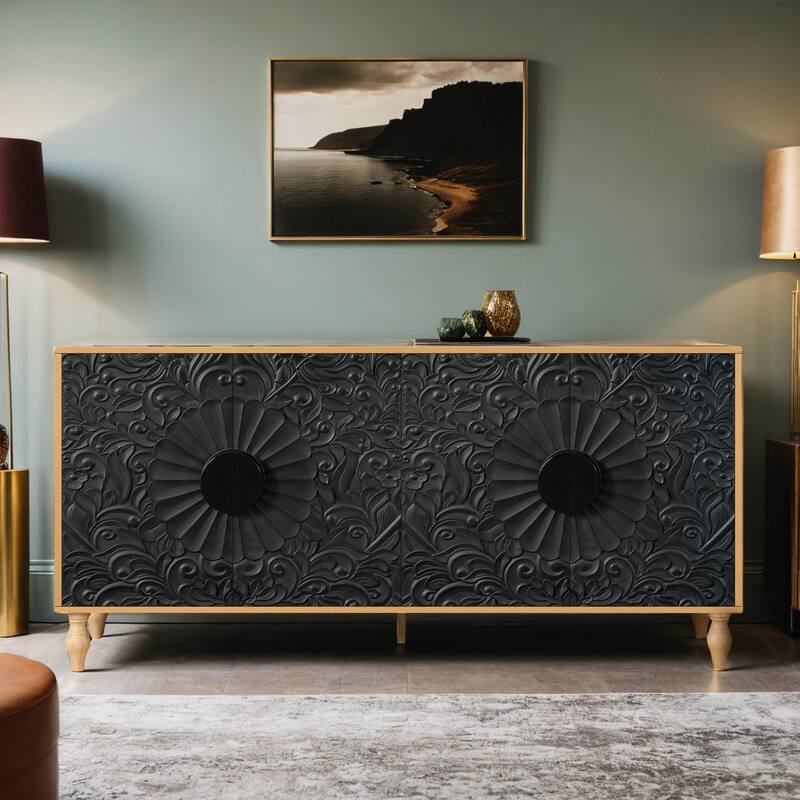 Carved Symmetrical Design Door And Wood Coloured Frame For TV Stand Table,Living Room ,Entryway