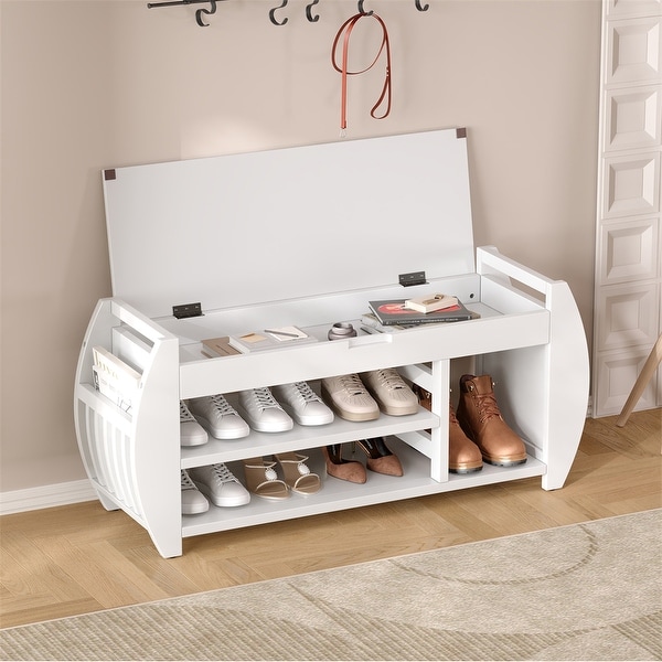 Retro Wood Storage Bench with Seat Cushion, Curved Shoe Rack for