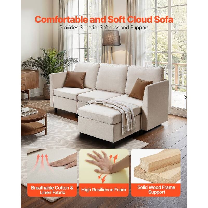 Beige Cotton-Linen Modular Sectional Sofa with Storage, Plush Cushions anda Kid-Friendly Design - 78.3 x 24 x 24 in