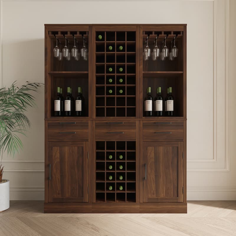 Modular Wine Bar and Buffet Cabinet with Hutch for Dining and Living Rooms
