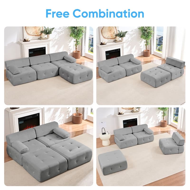 Mixoy 100inch Modular Sectional Sofa with Ottoman,Velvet 3-Seater L-Shaped Couch for Living Room - 100.4"w x 66.9"D x 24.8"H