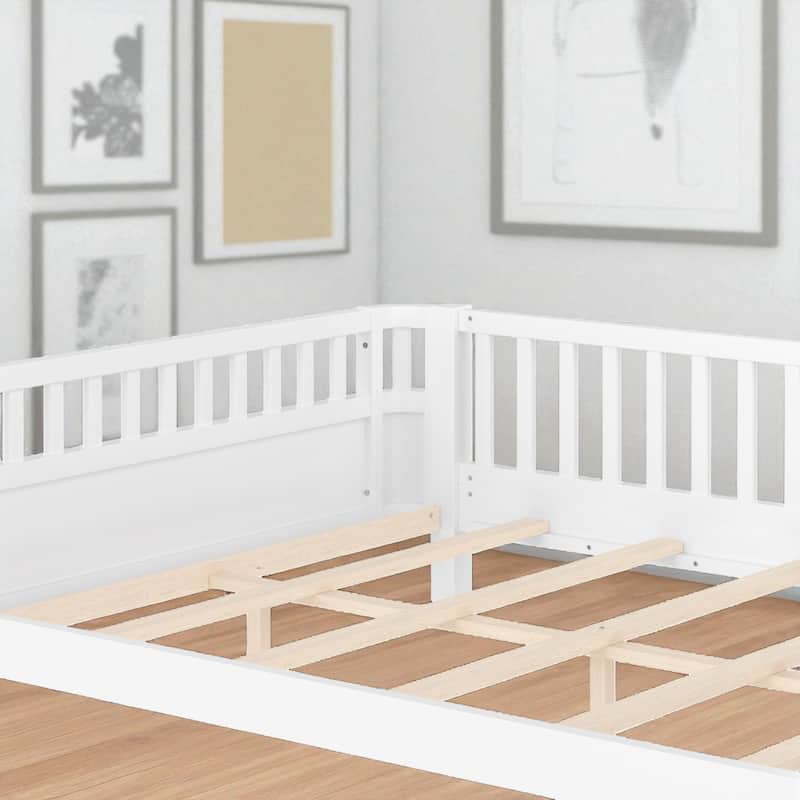 Wood Platform Bed with Guardrails & Detachable Fence, Twin/Full/Twin XL/Queen Size Kids Bed, Safety Design, No Box Spring