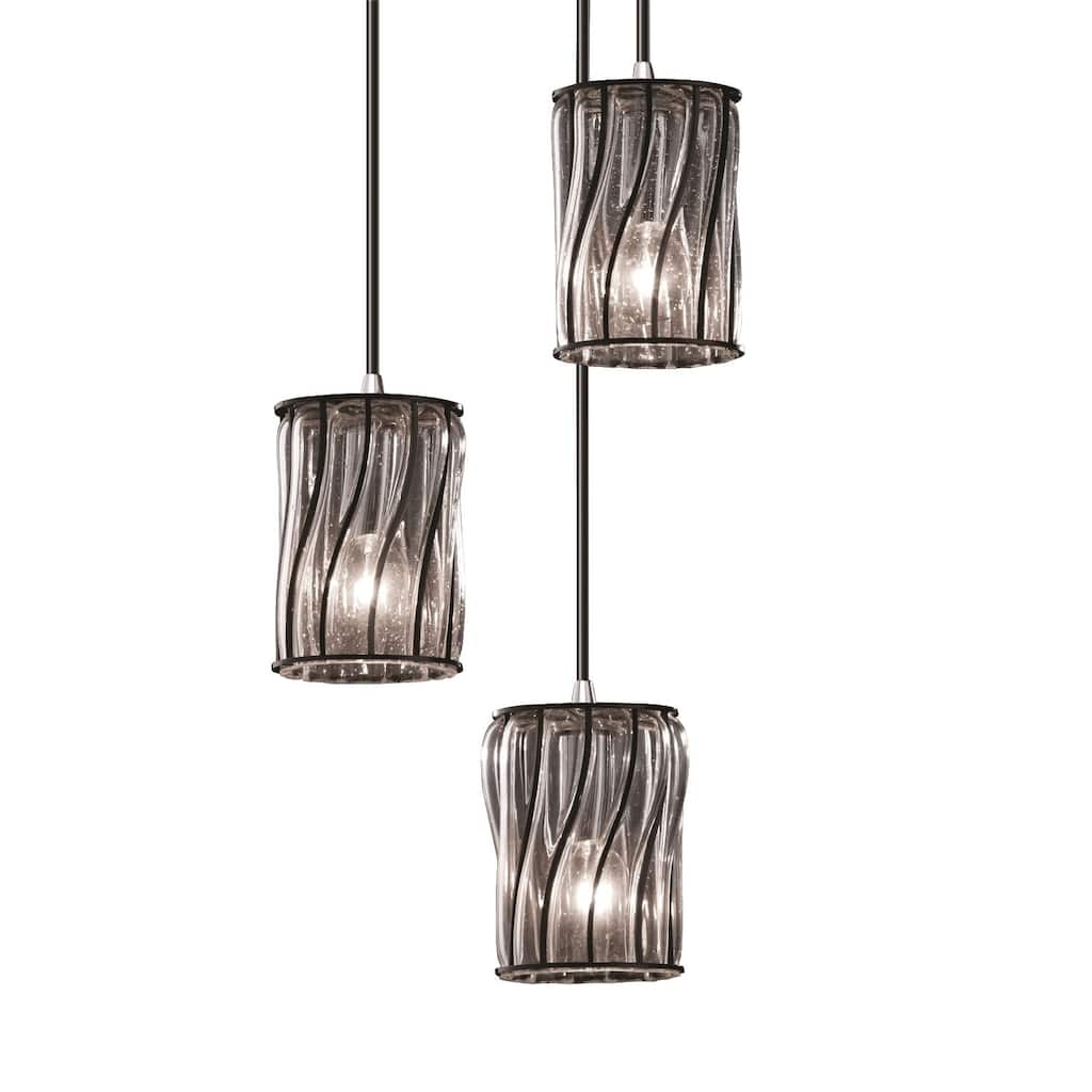 Justice Design Wire Glass Polished Chrome Cluster Pendant, Cylinder Swirl Clear Bubbles