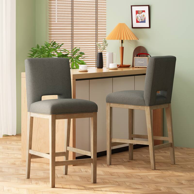Modern Grey Fabric Bar Stools with Wooden Legs 45.5 Inch Height Upholstered Kitchen Stools Set of 1 - Grey