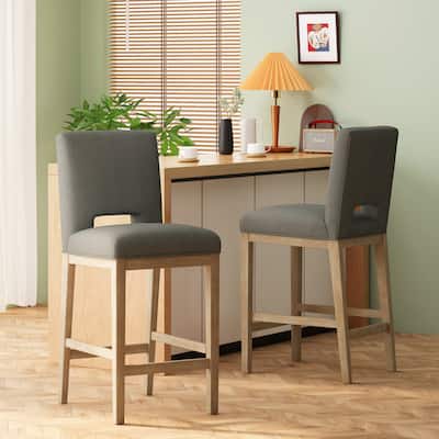 Modern Grey Fabric Bar Stools with Wooden Legs 45.5 Inch Height Upholstered Kitchen Stools Set of 1
