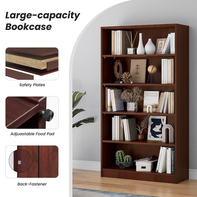 5 Shelf Office Bookcase, 60 Inches Tall Modern Wood Bookshelf, 5 Tier Wide Bookshelves Library Bookcase