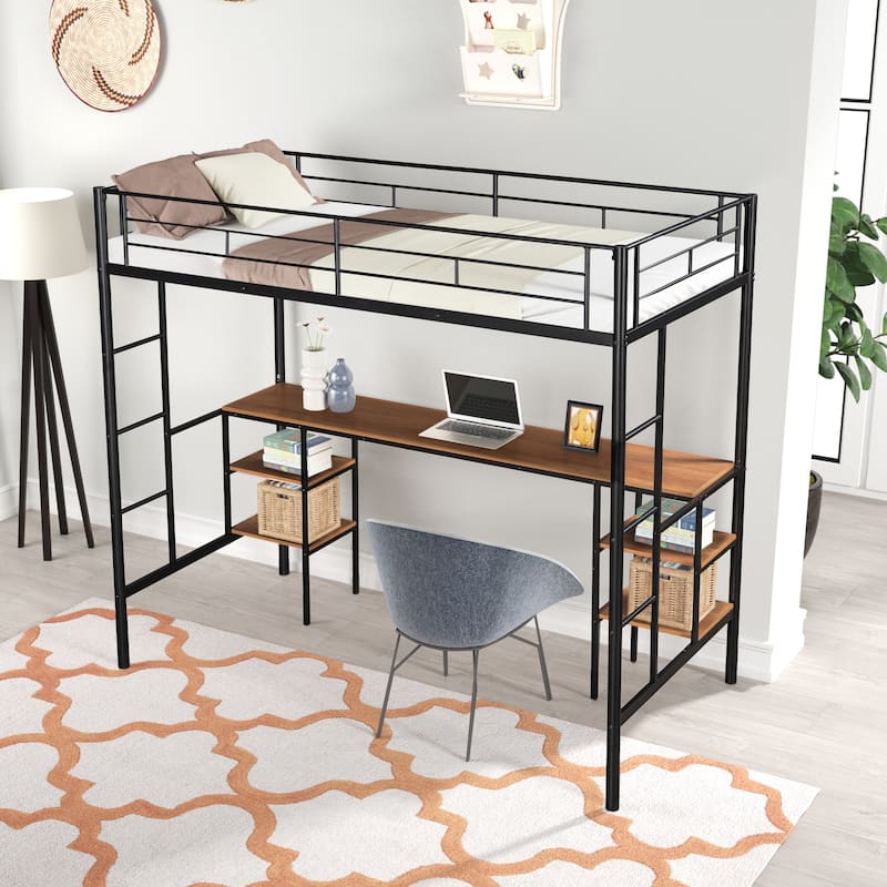 Twin Loft Bed w/ Table & Shelves - Heavy-Duty Metal, Noise Reduced, Safety Guardrail, 2 Ladders, CPC Certified - Twin - Black