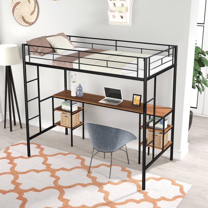 Twin Loft Bed with Built-in Table, Shelves, and Noise-Reducing Features, Heavy-duty Metal Frame, Safety Guardrail, Dual Ladders