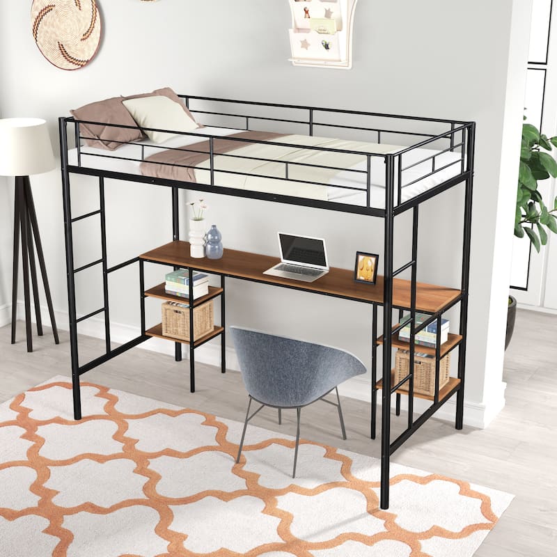 Twin Size Metal Frame Loft Bed with Table and Built-In Desk & Shelve ...