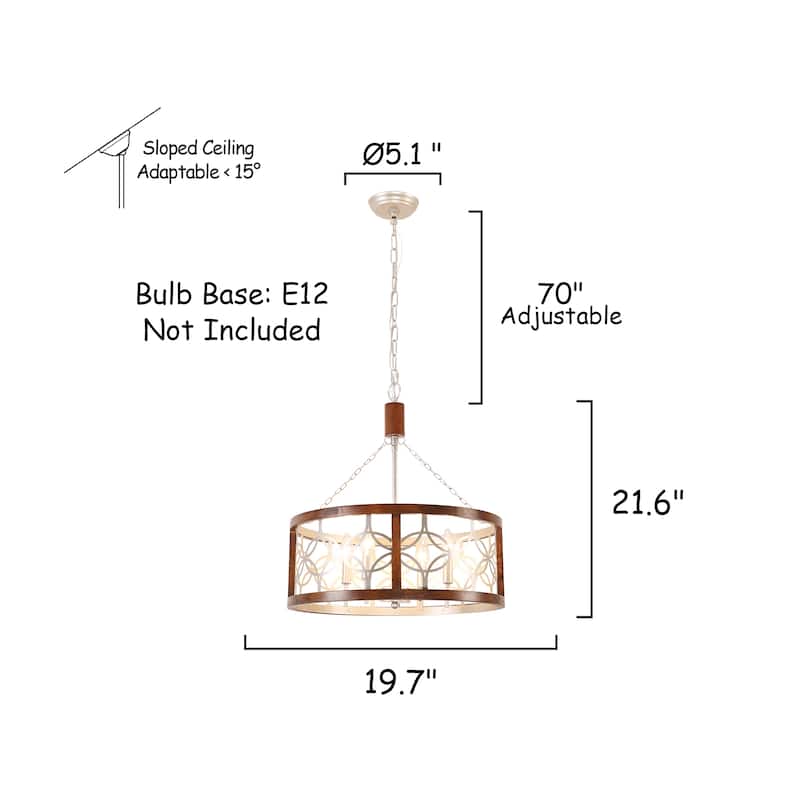 Bella Depot 4-Light Distressed Wood Wheel Chandelier Engraved Pattern Pendant Light with Adjustable Chain