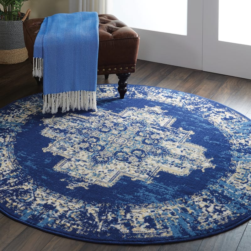 Nourison Grafix Distressed Vintage Medallion Area Rug - 4' Round - Navy Blue