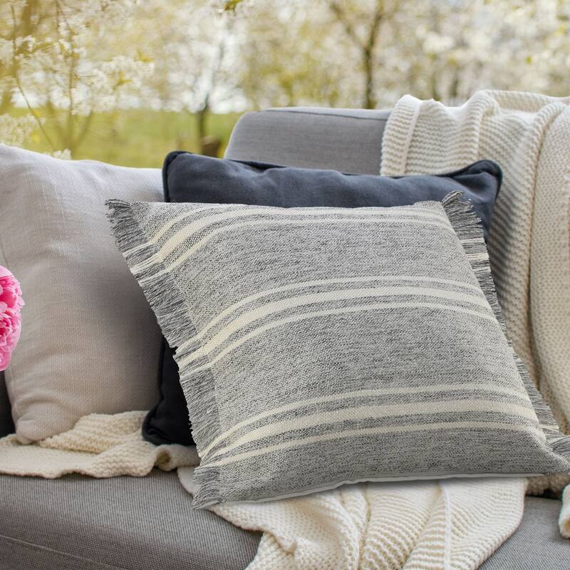 24" Gray and White Farmhouse Triple Stripe Square Outdoor Throw Pillow