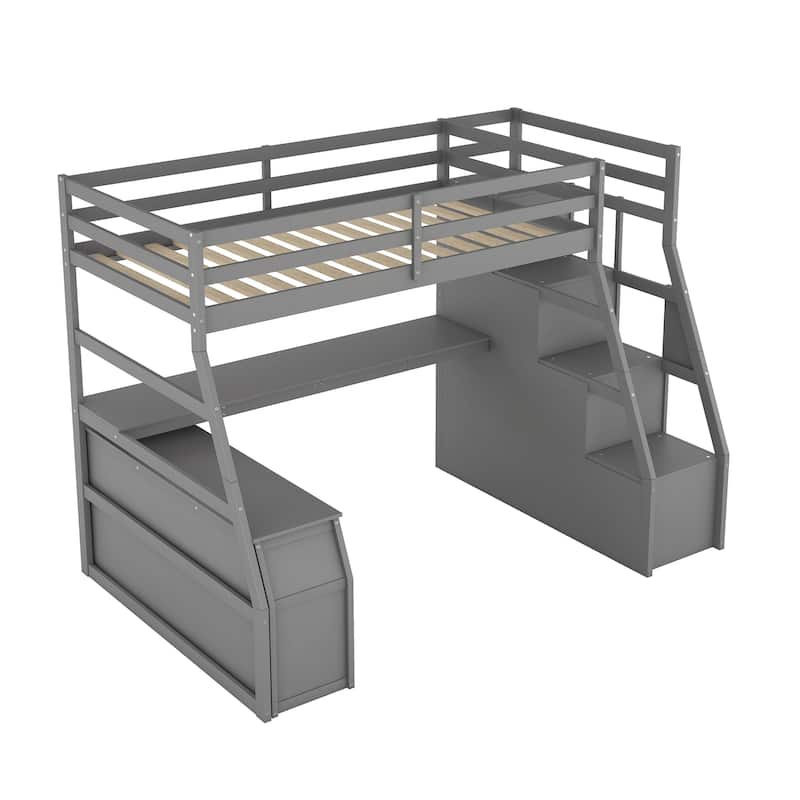 Twin Size Loft Bed with 7 Drawers, 2 Shelves, and Desk in Gray