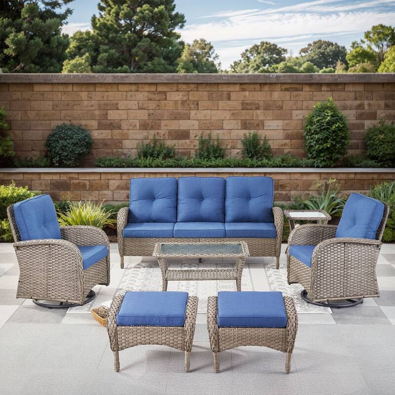 Gymojoy 7-Piece Outdoor Wicker Patio Furniture with 3 Seat Sofa & Swivel Chair, Coversation Set with Water Resistant Cushions - Grey Wicker / Blue Cusion - 7-Piece