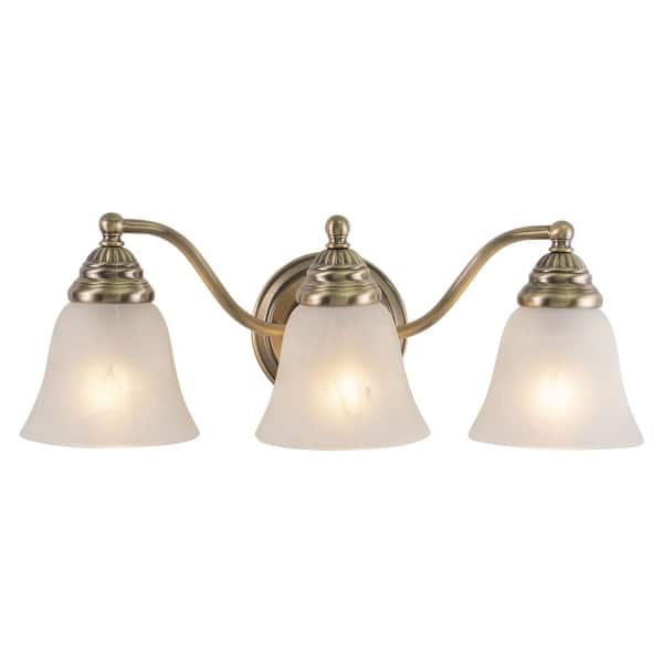 slide 2 of 9, Standford 3-Light 19 in. W Antique Brass Gold Bathroom Vanity Lighting Fixture, White Alabaster Glass Shade, Dimmable Wall Mount 19-in W x 7-in H x 7-in D - Antique Brass