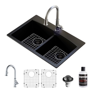 Karran Drop-In Quartz Composite 33 in. 1-Hole 50/50 Double Bowl Kitchen Sink in Black with Kitchen Faucet in Stainless Steel