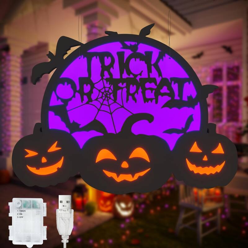 2D LED Pumpkin & Bat Motif Light, 14" Battery/USB-Powered Halloween Silhouette