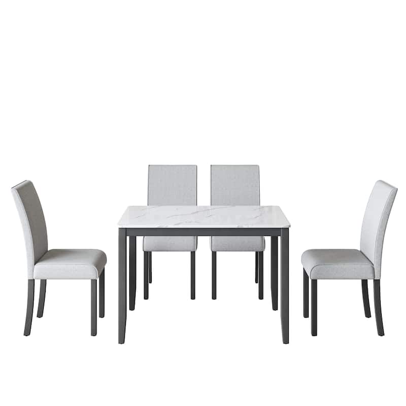Corvus Fowey 5-piece Dining Set, Marble Sticker MDF Table and 4 Upholstered Chairs