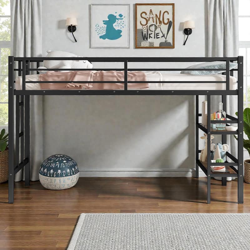 Twin Metal Loft Bed with Storage Shelf, Ladder and Guardrails, Space Saving Loft Bed Frame for Kids
